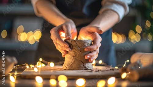 A close-up of hands shaping a glowing clay sculpture, capturing the creative process with warm and artistic lighting