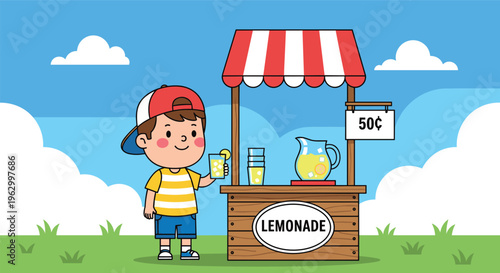 Cartoon vector illustration of lemonade stand with child, pitcher, and glasses, symbolizing summer refreshment, childhood entrepreneurship, outdoor fun, and seasonal lifestyle.