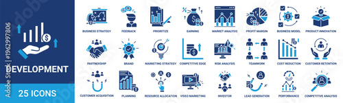 Development icon set. Containing strategy, feedback, prioritize, earning, market analysis, profit and more. Solid vector icons collection.