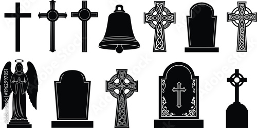 Collection of Cemetery Grave Silhouettes Including Christian Crosses Celtic Memorials Tombstones Headstones and Angel Statue Isolated on White Background for Funeral and Religious Design Vector
