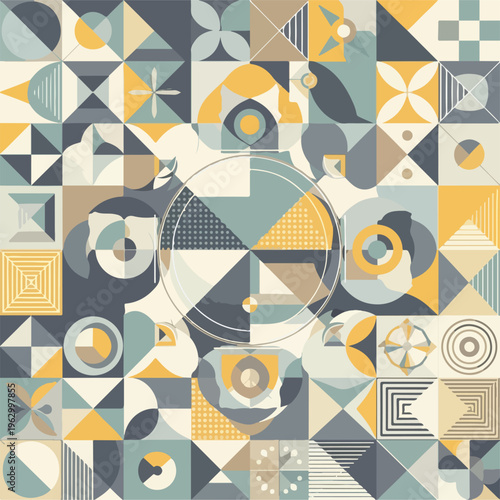 Abstract geometric pattern with squares, circles, and triangles in muted colors