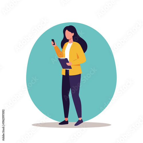 A woman in a yellow jacket, holding a phone and clipboard
