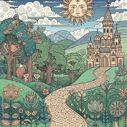 A whimsical landscape with castle, forest, sun, clouds, foxes, and path