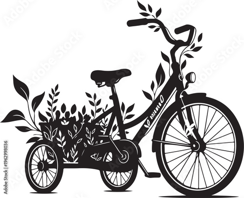 Black tricycle with leafy plants in the basket bicycle