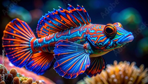 A glowing mandarin dragonet fish in extreme close-up, traced with vivid neon orange and electric blue accents, showcasing intricate patterns and vibrant marine beauty