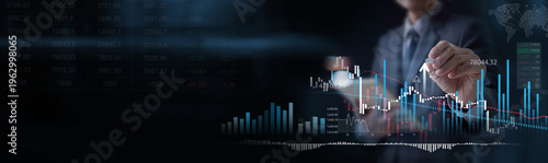 Analysis financial growth graph and stock market investment. Finance analyst analyzing financial business development report, planning and strategy. Business goal and target, successful business