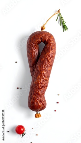 Twisted cured meat sausage with a sprig, tomato, and peppercorns