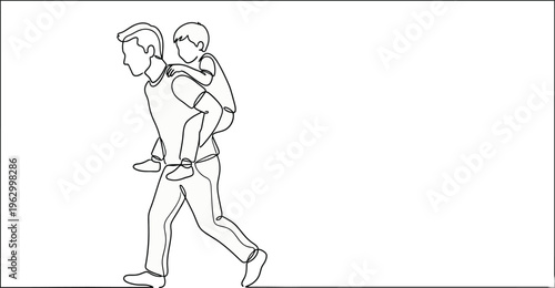 Fathers day line art style vector illustration, father and son one continous line illustration. Editable vector eps