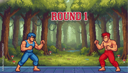 Retro Pixel Art Fighting Game Scene Round 1 in Forest