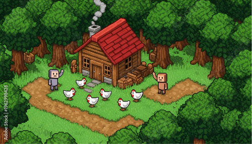 Pixel Art Wooden Cabin in Forest with Chickens and Farmers
