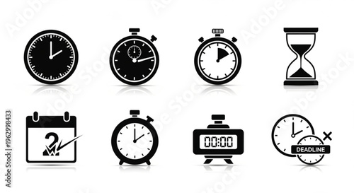 Diverse collection of monochrome time management icons, including stopwatches, calendars, and clocks, representing scheduling, deadlines, and precise time tracking for productivity