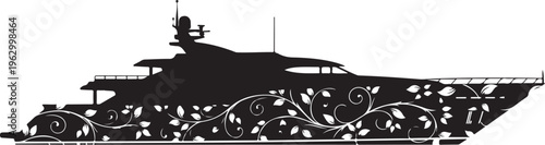 Black yacht silhouette with white floral pattern boat