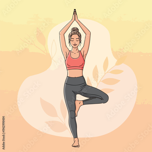 A woman in athletic wear practices the tree yoga pose, smiling