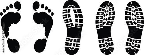 Set of Human Barefoot Footprints and Shoe Sole Boot Prints Silhouettes Isolated on White Background for Detective Investigation Tracking and Forensic Science Vector