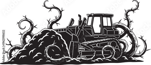 Bulldozer clearing thorny branches tractor construction equipment