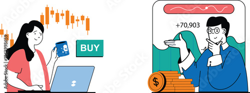 A woman buys cryptocurrency while a man celebrates a significant profit on his investment through a mobile app interface