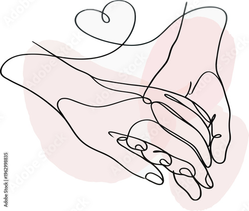 Valentines day holiday, relationships and marriage concept. Vector one line art illustration. Pink splash of heart shape. Holding hands symbol by continous line. Design for greeting card and banner.