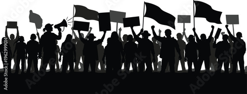 Vector silhouette set of diverse protesters holding blank signs and flags with a person using a megaphone for social activism and political demonstration concepts.