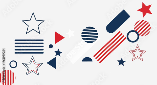 Abstract graphic arrangement of red, white, and blue geometric shapes