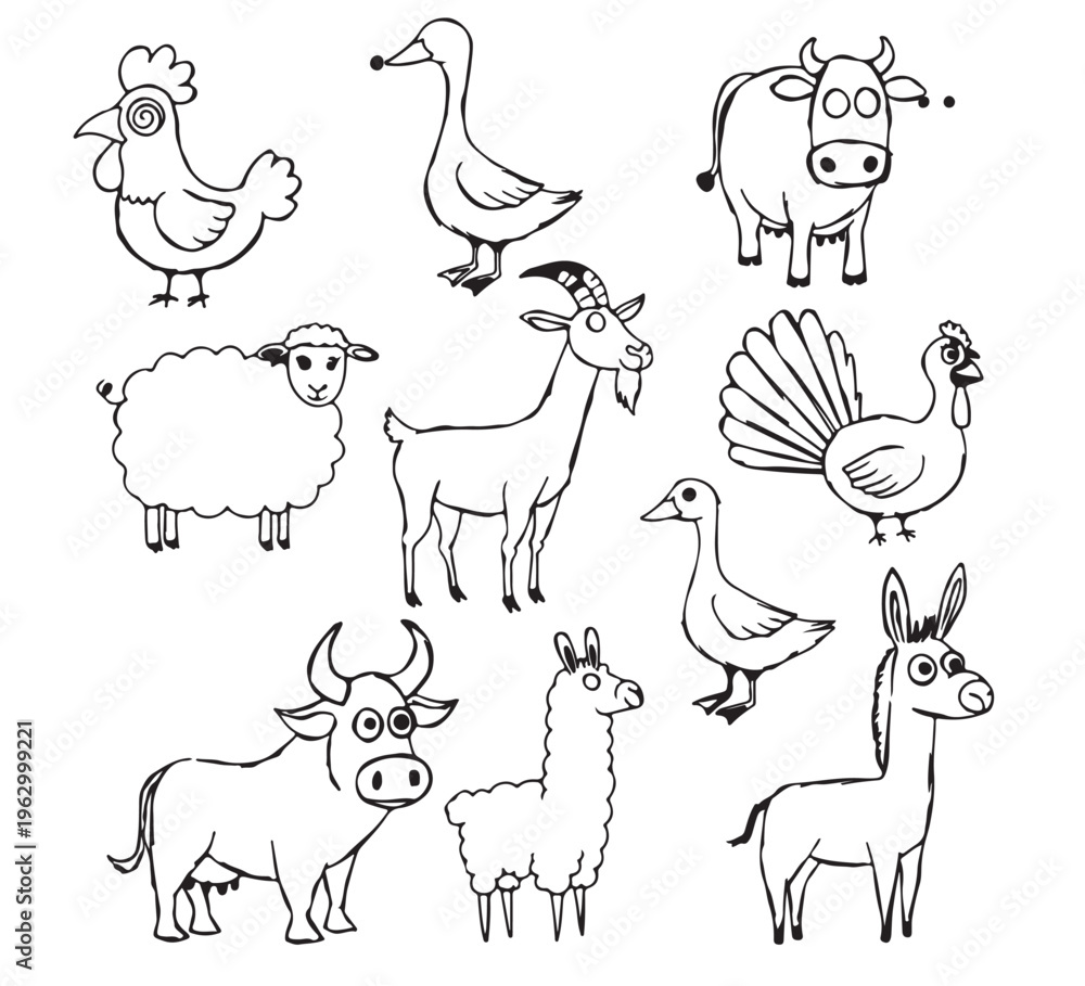 Obraz premium An endearing assortment of common farm animals illustrated in a distinctive, simplistic cartoon style, perfect for children's learning and agricultural graphics