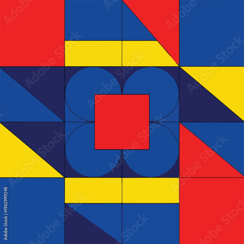 Abstract geometric artwork, arranged in a grid with primary colors