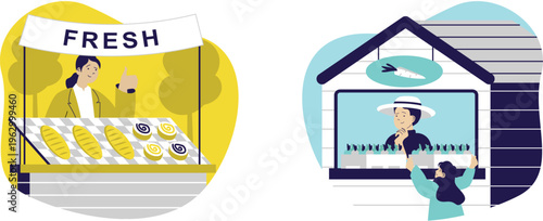 A woman selling fresh baked goods outside while another family enjoys online baking class together at home