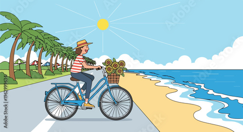 A woman rides a bicycle along a beach path under a bright sun