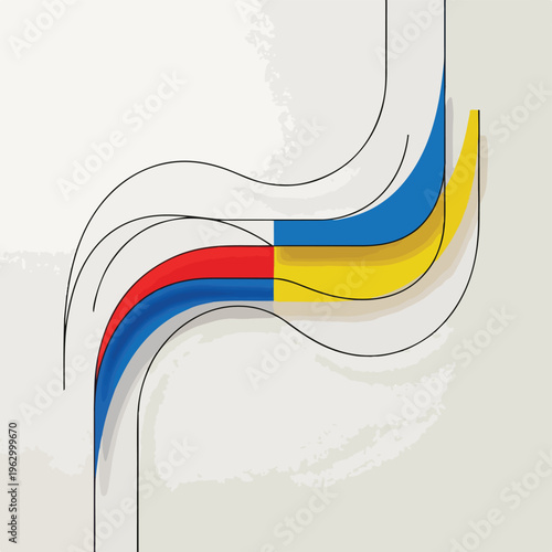 Abstract graphic with curved lines and color blocks on a textured background