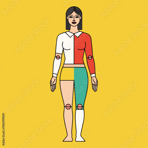 A woman's figure with a color-split design, standing on a yellow background