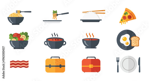 Various food icons including pizza salad and meal takeout containers