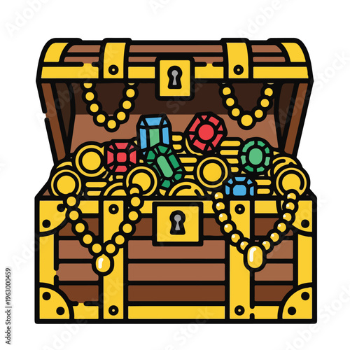 A wooden chest overflowing with golden coins and colorful gems