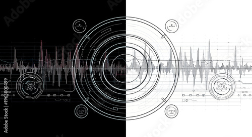 Audio waveform and sound wave graphics.