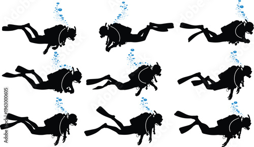 Scuba diver silhouette vector set with blue oxygen bubbles, professional diving equipment illustrations for underwater adventure designs and marine sports graphics.