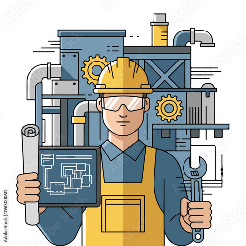 A worker in a yellow safety hat stands in front of factory equipment