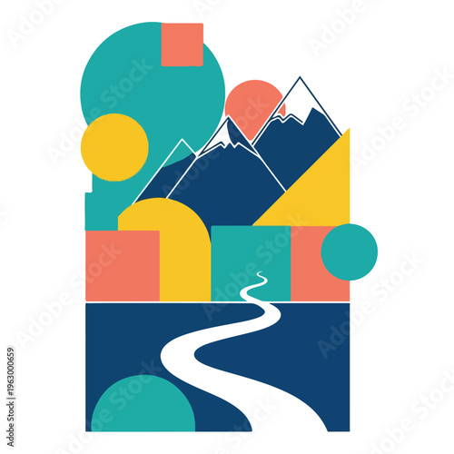 Abstract landscape featuring mountains and a road alongside geometric shapes
