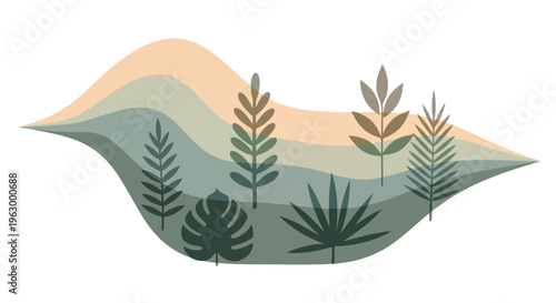 Abstract landscape featuring plants and layered colorful background