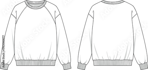 Blank Oversized Raglan Sleeve Sweatshirt Technical Flat Sketch Vector Template with Front and Back View for Fashion Design and Mockup