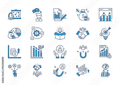 Development thin blue icon set. Containing strategy, feedback, prioritize, earning, market analysis, profit. Vector illustration