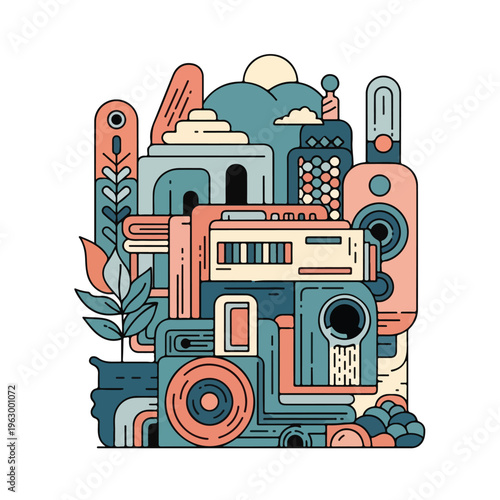 Abstract geometric composition, vibrant colors, nature and mechanical themes