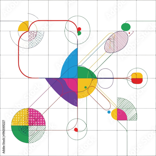 Abstract geometric composition with colorful shapes and linear elements