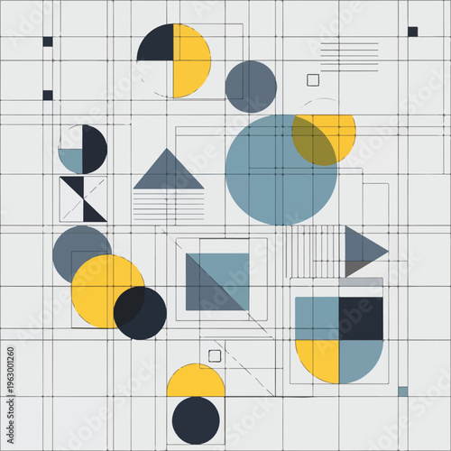 Abstract geometric composition with circles, squares, triangles, and lines
