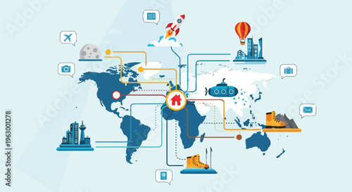 A world map graphic with connected icons of transportation, travel, and communication