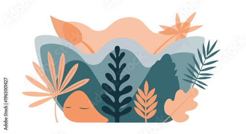 Abstract landscape with layered shapes and plants in muted colors