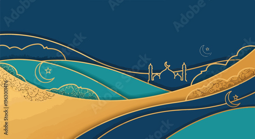 Abstract layered design, golden details, crescent moon & star motifs, mosque silhouette