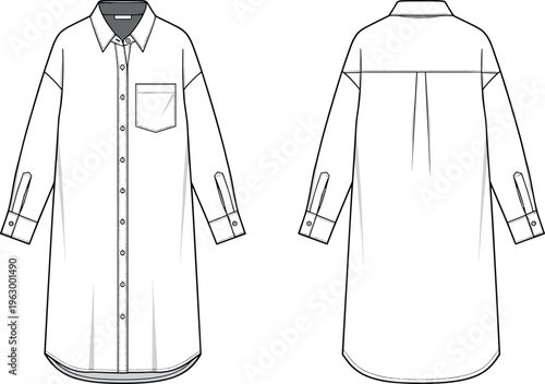 Women Oversized Button Down Shirt Dress Technical Flat Sketch with Long Sleeves Drop Shoulder Back Box Pleat and Curved Hem