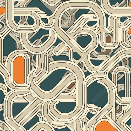 Abstract geometric design of looping lines and shapes against a dark teal background