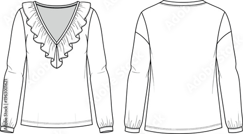 Women V Neck Ruffle Blouse Technical Flat Sketch Fashion Template Front and Back View Long Sleeve Top Vector Illustration Drawing