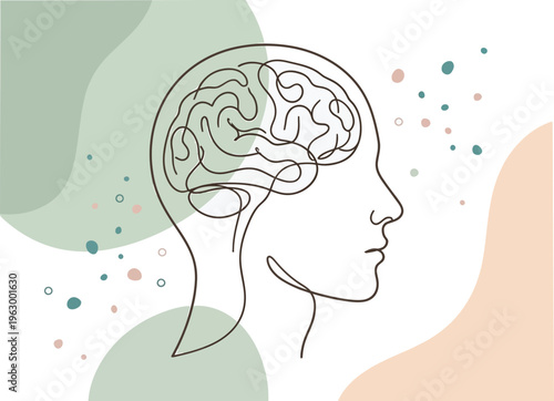Mental health problem, psychology and business education concept. Vector one line art illustration. Human head profile with brain by continous line on color splash background.