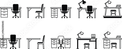 Collection of Minimalist Office Desk Icons Featuring Workstations with Chairs Desk Lamps and Storage Drawers for Interior Design Workspace Planning and Business Management Vector Graphics
