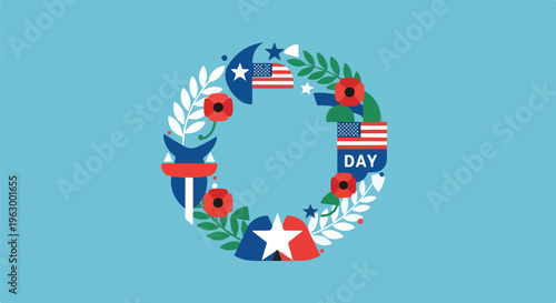 A wreath composed of flags, stars, and flowers with an open center